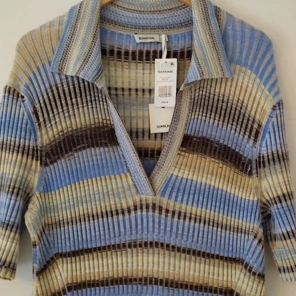 Simkhai Solana French Blue Ribbed Collared Knit Body Cone Preppy Knee Dress XL - Picture 7 of 12